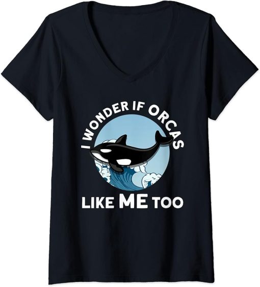 Womens I wonder if Orcas like me too Orca V-Neck T-Shirt